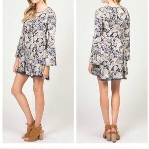 PPLA Adele Long Sleeve Floral Mini Dress Women Size Small Color Blue/Cream